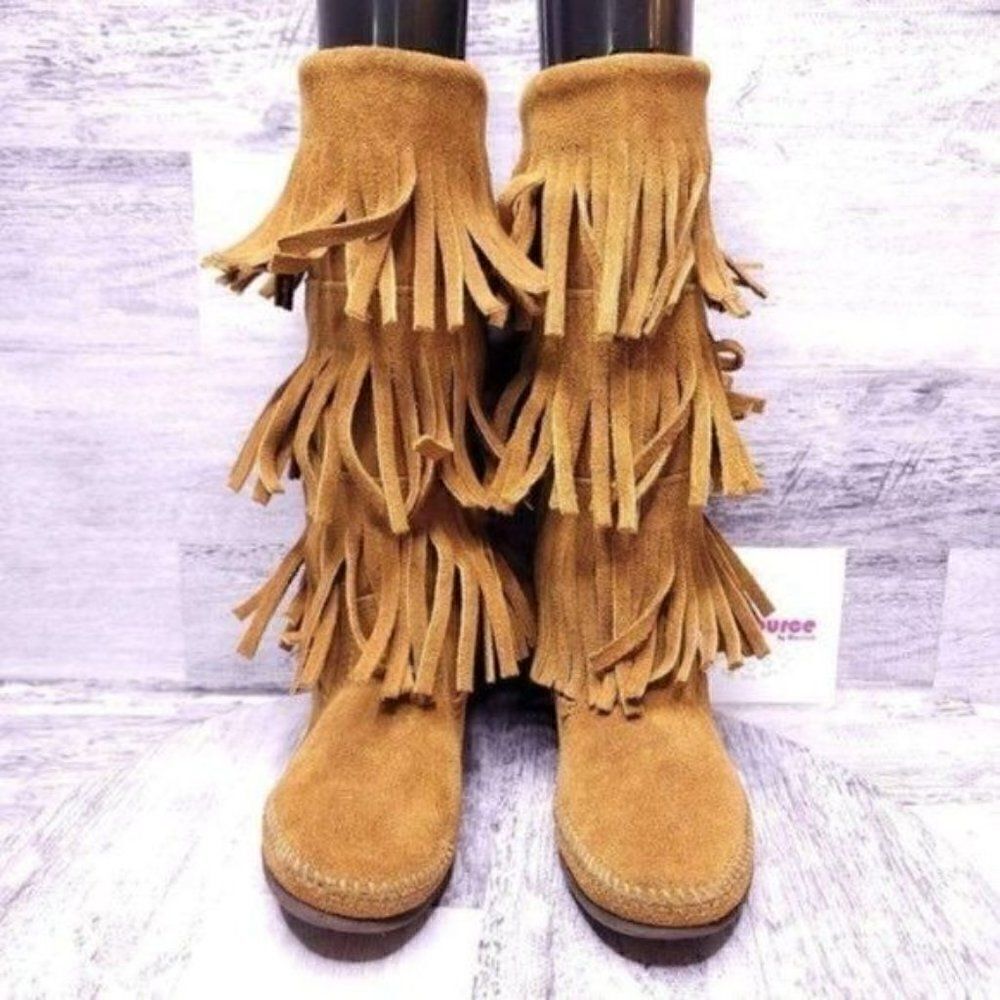 Minnetonka Suede 3 Layer Fringe Tall Moccasin Boot Brown Women's sz 6 - Picture 8 of 8